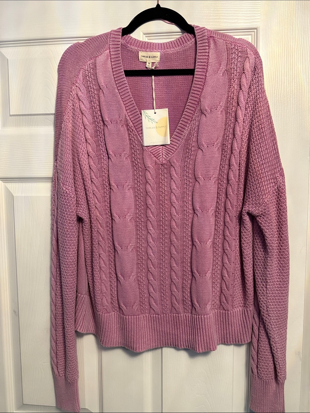 Thread & Supply Cable Knit V-Neck Sweater in Mauve Pink - Size M